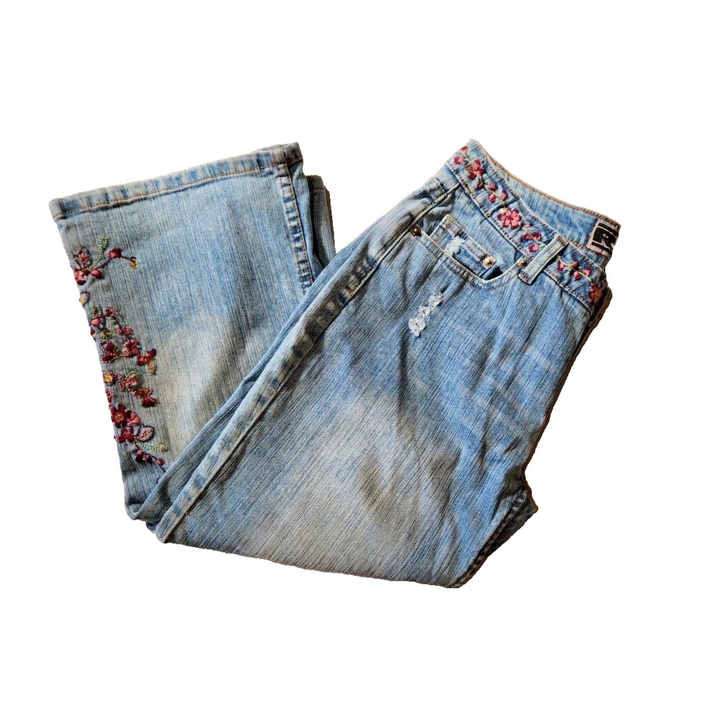 Rave 4 Real R4R Pants Womens 9 Blue Denim Jeans Capri Floral Embroidered Cotton